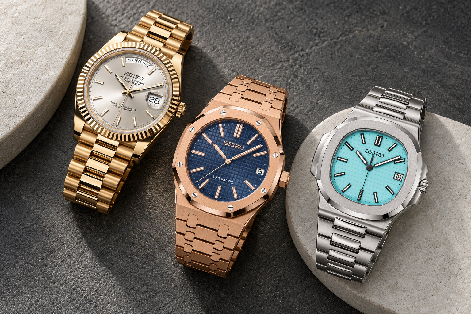 Gold Day-Date, rose-gold Royal Oak and turquoise Nautilus watches on stone display supports