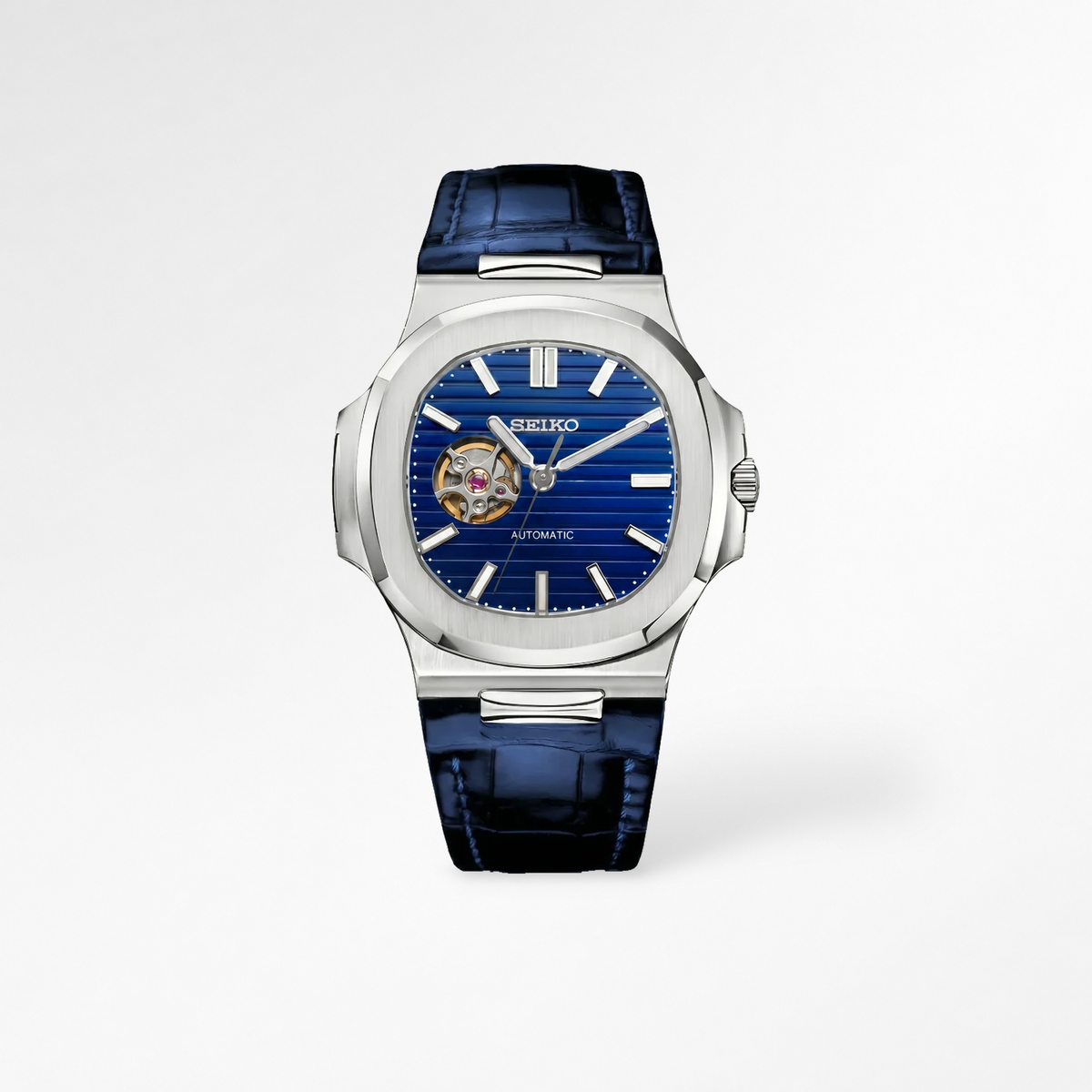 Nautilus Blue Leather Open Heart Reglage watch