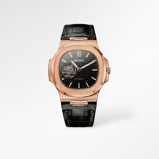 Nautilus Rose Gold Black Leather Open Heart Reglage watch