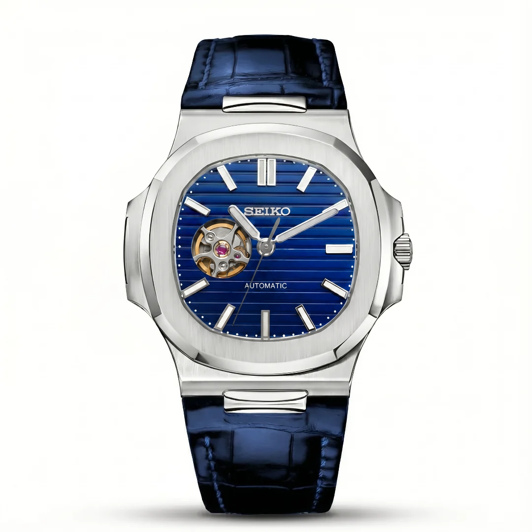 Nautilus Blue Leather Open Heart Reglage watch