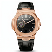 Nautilus Rose Gold Black Leather Open Heart