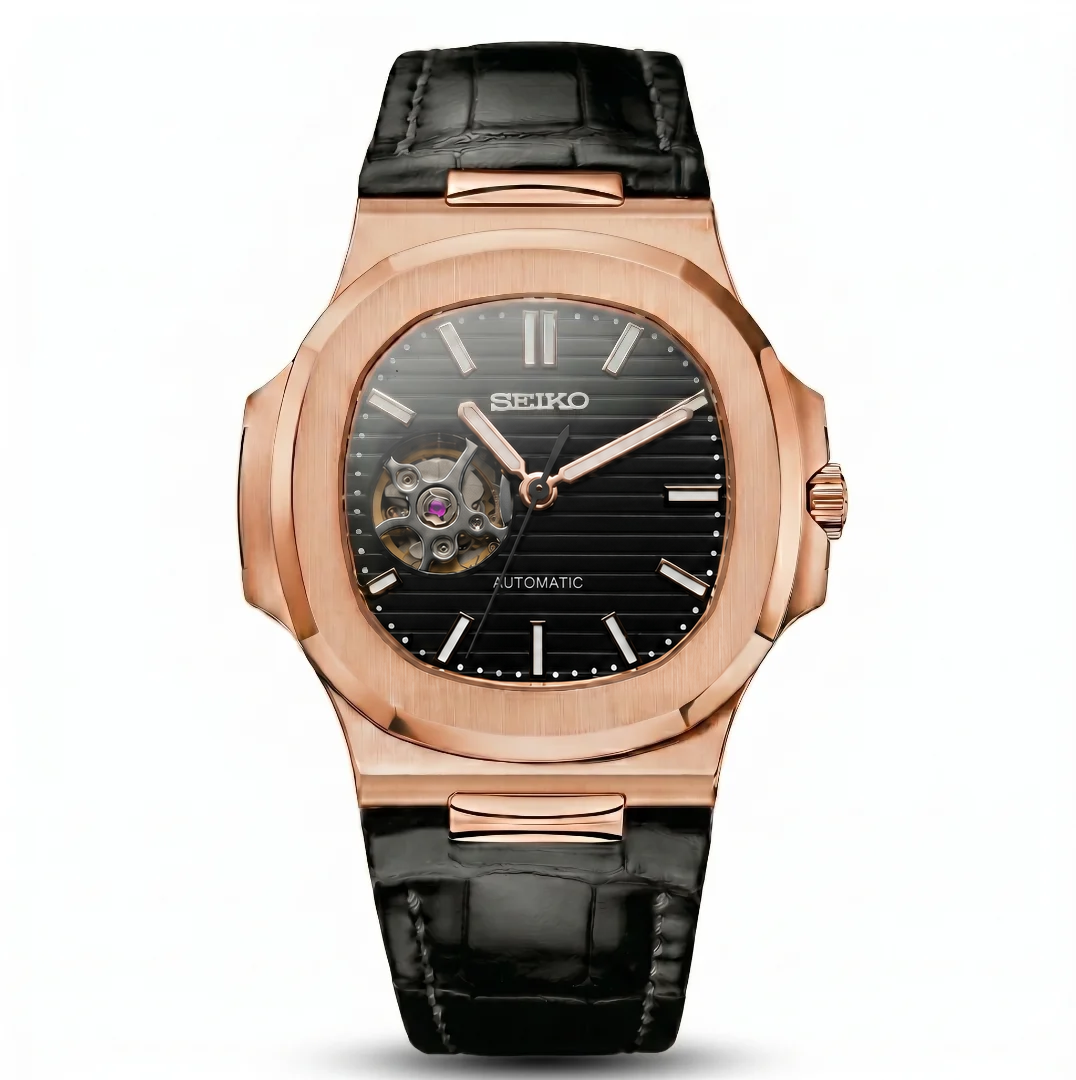 Nautilus Rose Gold Black Leather Open Heart Reglage watch