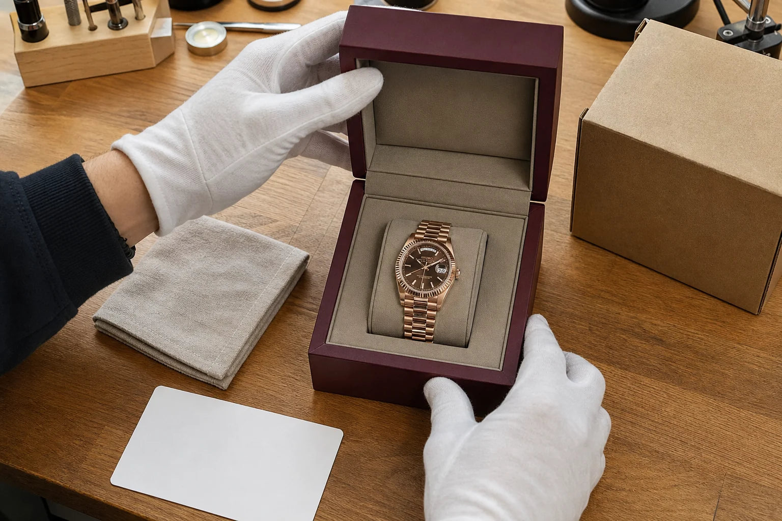 Completed rose-gold watch being packed for tracked delivery